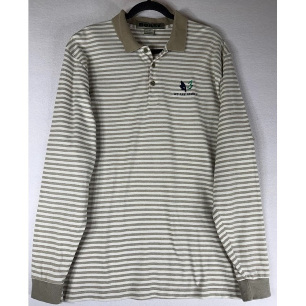 Boast‎ Polo Shirt Men L Beige Striped Long Sleeve 100% Cotton We Are Family Logo